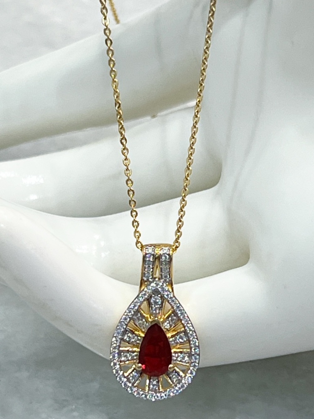 Mexican Fire Opal & Moissanite Vermril YG/SS Pendant 20” Necklace - Picture 6 of 14